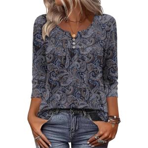 image:imageZeagoo 34 Length Sleeve Womens Tops 2026 V Neck T Shirts Dressy Casual Fall Blouses Floral Summer Business Work Basic TeesNavy Blue Print