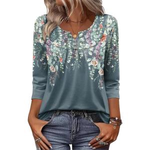 image:imageZeagoo 34 Length Sleeve Womens Tops 2026 V Neck T Shirts Dressy Casual Fall Blouses Floral Summer Business Work Basic TeesPlants Flowers