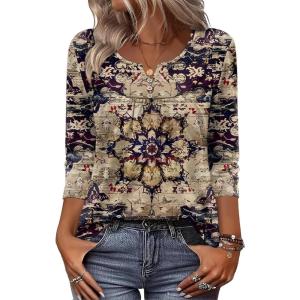 image:imageZeagoo 34 Length Sleeve Womens Tops 2026 V Neck T Shirts Dressy Casual Fall Blouses Floral Summer Business Work Basic TeesPurplebeige