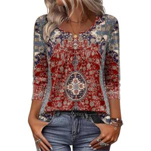 image:imageZeagoo 34 Length Sleeve Womens Tops 2026 V Neck T Shirts Dressy Casual Fall Blouses Floral Summer Business Work Basic TeesRust Ethnic Pattern