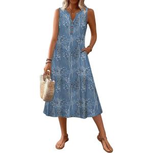 image:imageZeagoo Summer Dress for Women 2026 Sleeveless Tank Midi Dress Vacation Beach Sundress Aline Boho ClothingBlue Plants