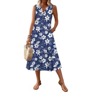 image:imageZeagoo Summer Dress for Women 2026 Sleeveless Tank Midi Dress Vacation Beach Sundress Aline Boho ClothingNavy Hawaiian Floral