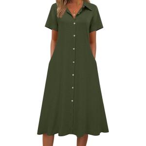 image:imageZeagoo Summer Dresses for Women 2026 Button Down Shirt Dresses Aline Long Sundress Short Sleeve Beach Travel Cover UpArmy Green