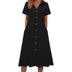image:imageZeagoo Summer Dresses for Women 2026 Button Down Shirt Dresses Aline Long Sundress Short Sleeve Beach Travel Cover UpBlack