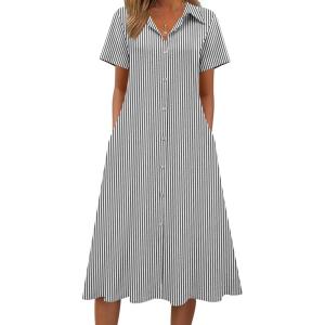 image:imageZeagoo Summer Dresses for Women 2026 Button Down Shirt Dresses Aline Long Sundress Short Sleeve Beach Travel Cover UpBlack Stripe