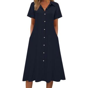 image:imageZeagoo Summer Dresses for Women 2026 Button Down Shirt Dresses Aline Long Sundress Short Sleeve Beach Travel Cover UpBlue