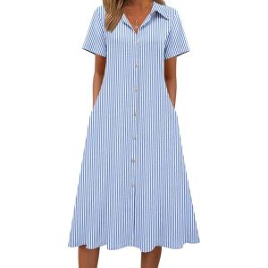 image:imageZeagoo Summer Dresses for Women 2026 Button Down Shirt Dresses Aline Long Sundress Short Sleeve Beach Travel Cover UpBlue Stripe