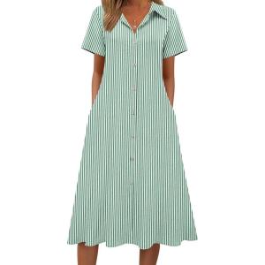 image:imageZeagoo Summer Dresses for Women 2026 Button Down Shirt Dresses Aline Long Sundress Short Sleeve Beach Travel Cover UpGreen Stripe