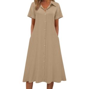 image:imageZeagoo Summer Dresses for Women 2026 Button Down Shirt Dresses Aline Long Sundress Short Sleeve Beach Travel Cover UpKhaki