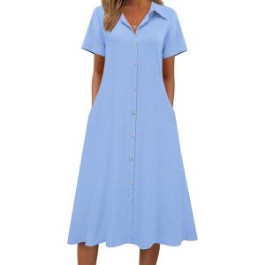image:imageZeagoo Summer Dresses for Women 2026 Button Down Shirt Dresses Aline Long Sundress Short Sleeve Beach Travel Cover UpLight Blue