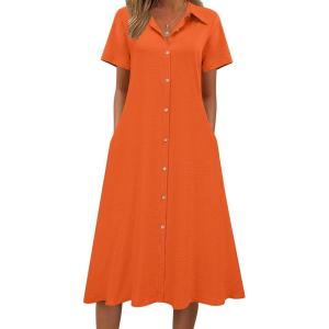 image:imageZeagoo Summer Dresses for Women 2026 Button Down Shirt Dresses Aline Long Sundress Short Sleeve Beach Travel Cover UpOrange