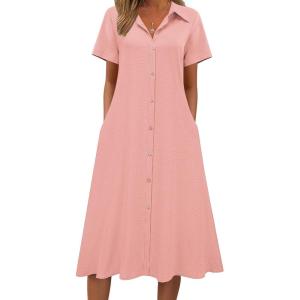 image:imageZeagoo Summer Dresses for Women 2026 Button Down Shirt Dresses Aline Long Sundress Short Sleeve Beach Travel Cover UpPink