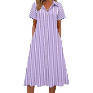 image:imageZeagoo Summer Dresses for Women 2026 Button Down Shirt Dresses Aline Long Sundress Short Sleeve Beach Travel Cover UpPurple Stripe