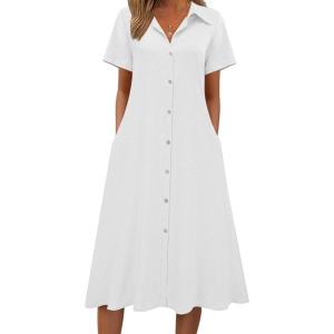 image:imageZeagoo Summer Dresses for Women 2026 Button Down Shirt Dresses Aline Long Sundress Short Sleeve Beach Travel Cover UpWhite