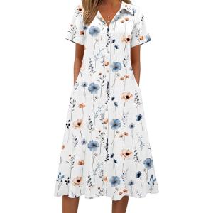 image:imageZeagoo Summer Dresses for Women 2026 Button Down Shirt Dresses Aline Long Sundress Short Sleeve Beach Travel Cover UpWhite Floral