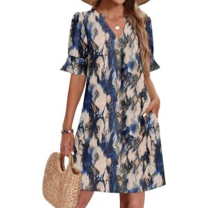 image:imageZeagoo Summer Dresses for Women 2026 V Neck Ruffle Sleeve Casual Shift Dress Hawaiian Sundress Beach Vacation ClothesBlue Gradient