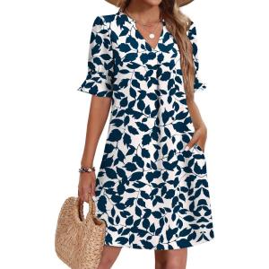 image:imageZeagoo Summer Dresses for Women 2026 V Neck Ruffle Sleeve Casual Shift Dress Hawaiian Sundress Beach Vacation ClothesBlue Leaves