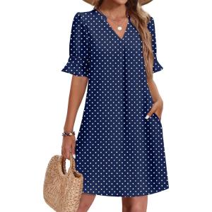 image:imageZeagoo Summer Dresses for Women 2026 V Neck Ruffle Sleeve Casual Shift Dress Hawaiian Sundress Beach Vacation ClothesBlue Polka Dots