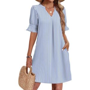 image:imageZeagoo Summer Dresses for Women 2026 V Neck Ruffle Sleeve Casual Shift Dress Hawaiian Sundress Beach Vacation ClothesBlue and White Stripes