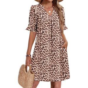 image:imageZeagoo Summer Dresses for Women 2026 V Neck Ruffle Sleeve Casual Shift Dress Hawaiian Sundress Beach Vacation ClothesDark Leopard Print