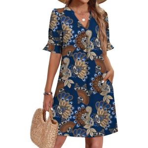 image:imageZeagoo Summer Dresses for Women 2026 V Neck Ruffle Sleeve Casual Shift Dress Hawaiian Sundress Beach Vacation ClothesDeep Blue Ethnic Floral