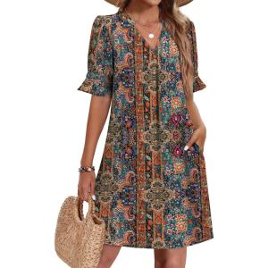 image:imageZeagoo Summer Dresses for Women 2026 V Neck Ruffle Sleeve Casual Shift Dress Hawaiian Sundress Beach Vacation ClothesEthnic Style