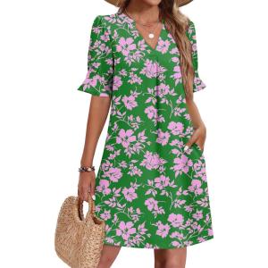 image:imageZeagoo Summer Dresses for Women 2026 V Neck Ruffle Sleeve Casual Shift Dress Hawaiian Sundress Beach Vacation ClothesGreen Floral