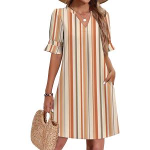 image:imageZeagoo Summer Dresses for Women 2026 V Neck Ruffle Sleeve Casual Shift Dress Hawaiian Sundress Beach Vacation ClothesKhaki Vertical Stripes