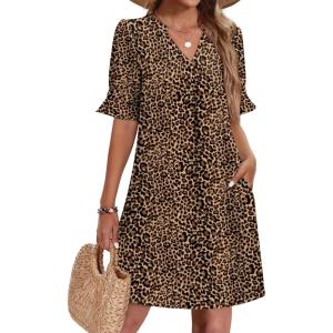 image:imageZeagoo Summer Dresses for Women 2026 V Neck Ruffle Sleeve Casual Shift Dress Hawaiian Sundress Beach Vacation ClothesLeopard Print