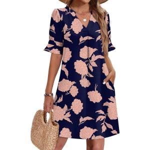 image:imageZeagoo Summer Dresses for Women 2026 V Neck Ruffle Sleeve Casual Shift Dress Hawaiian Sundress Beach Vacation ClothesNavy Blue  Pink Flowers