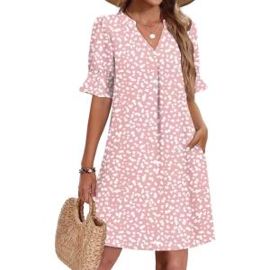 image:imageZeagoo Summer Dresses for Women 2026 V Neck Ruffle Sleeve Casual Shift Dress Hawaiian Sundress Beach Vacation ClothesPink Polka Dots