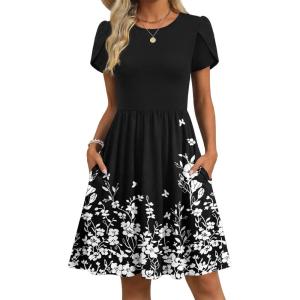 image:imageZeagoo Women Summer Dress 2026 Short Sleeve Aline Mini Dresses with Pockets Casual Swing Tshirt Dress Vocation Beach SundressBlack Floral