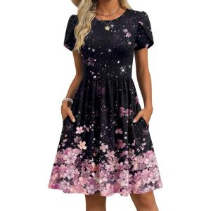 image:imageZeagoo Women Summer Dress 2026 Short Sleeve Aline Mini Dresses with Pockets Casual Swing Tshirt Dress Vocation Beach SundressBlack Pink Floral