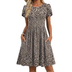 image:imageZeagoo Women Summer Dress 2026 Short Sleeve Aline Mini Dresses with Pockets Casual Swing Tshirt Dress Vocation Beach SundressBrown Print