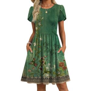 image:imageZeagoo Women Summer Dress 2026 Short Sleeve Aline Mini Dresses with Pockets Casual Swing Tshirt Dress Vocation Beach SundressGreen Ethnic