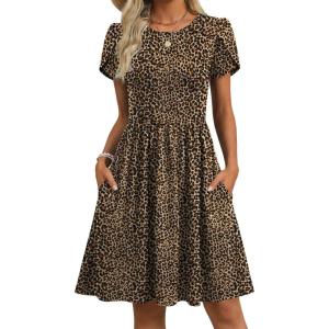 image:imageZeagoo Women Summer Dress 2026 Short Sleeve Aline Mini Dresses with Pockets Casual Swing Tshirt Dress Vocation Beach SundressLeopard Print