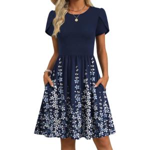 image:imageZeagoo Women Summer Dress 2026 Short Sleeve Aline Mini Dresses with Pockets Casual Swing Tshirt Dress Vocation Beach SundressNavy Floral