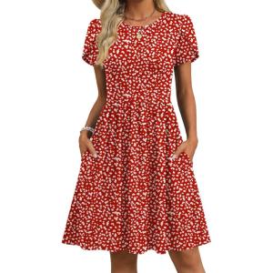 image:imageZeagoo Women Summer Dress 2026 Short Sleeve Aline Mini Dresses with Pockets Casual Swing Tshirt Dress Vocation Beach SundressRed Floral