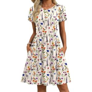 image:imageZeagoo Women Summer Dress 2026 Short Sleeve Aline Mini Dresses with Pockets Casual Swing Tshirt Dress Vocation Beach SundressWhite Print