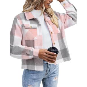 image:imageZeagoo Flannels for Women Cropped Shacket Jacket Fashion Plaid Button Down Shirt 2026 Fall Coat TopsYdl11