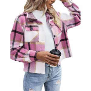 image:imageZeagoo Flannels for Women Cropped Shacket Jacket Fashion Plaid Button Down Shirt 2026 Fall Coat TopsYdl5