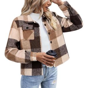 image:imageZeagoo Flannels for Women Cropped Shacket Jacket Fashion Plaid Button Down Shirt 2026 Fall Coat TopsYdl7