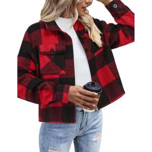 image:imageZeagoo Flannels for Women Cropped Shacket Jacket Fashion Plaid Button Down Shirt 2026 Fall Coat TopsZgw18