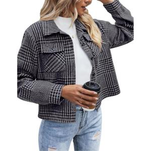 image:imageZeagoo Flannels for Women Cropped Shacket Jacket Fashion Plaid Button Down Shirt 2026 Fall Coat TopsZgw414