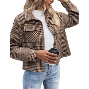 image:imageZeagoo Flannels for Women Cropped Shacket Jacket Fashion Plaid Button Down Shirt 2026 Fall Coat TopsZgz293