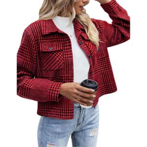 image:imageZeagoo Flannels for Women Cropped Shacket Jacket Fashion Plaid Button Down Shirt 2026 Fall Coat TopsZgz383