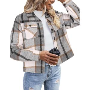 image:imageZeagoo Flannels for Women Cropped Shacket Jacket Fashion Plaid Button Down Shirt 2026 Fall Coat TopsZgz549