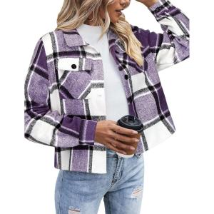 image:imageZeagoo Flannels for Women Cropped Shacket Jacket Fashion Plaid Button Down Shirt 2026 Fall Coat TopsZgz663