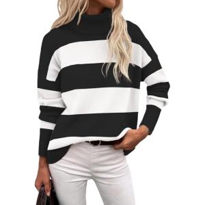 image:imageZeagoo Womens Turtleneck Sweater 2026 Fall Winter Chunky Knitted Pullover High Low Hem Trendy Basic Jumper TopBlack Stripe