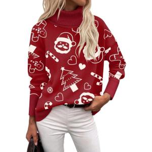 image:imageZeagoo Womens Turtleneck Sweater 2026 Fall Winter Chunky Knitted Pullover High Low Hem Trendy Basic Jumper TopChristmas Pattern